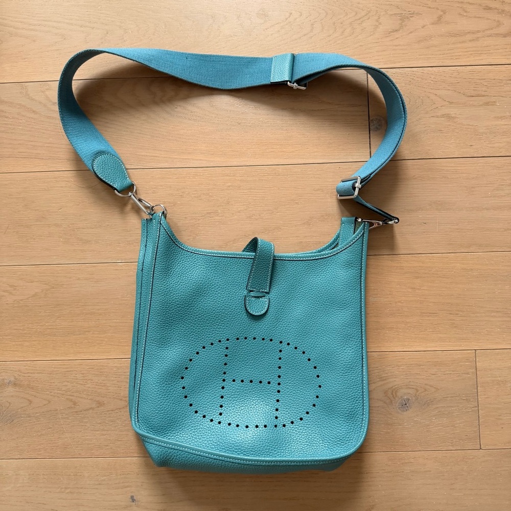 Authentic Hermès Evelyne PM in Blue Atoll Clemence leather